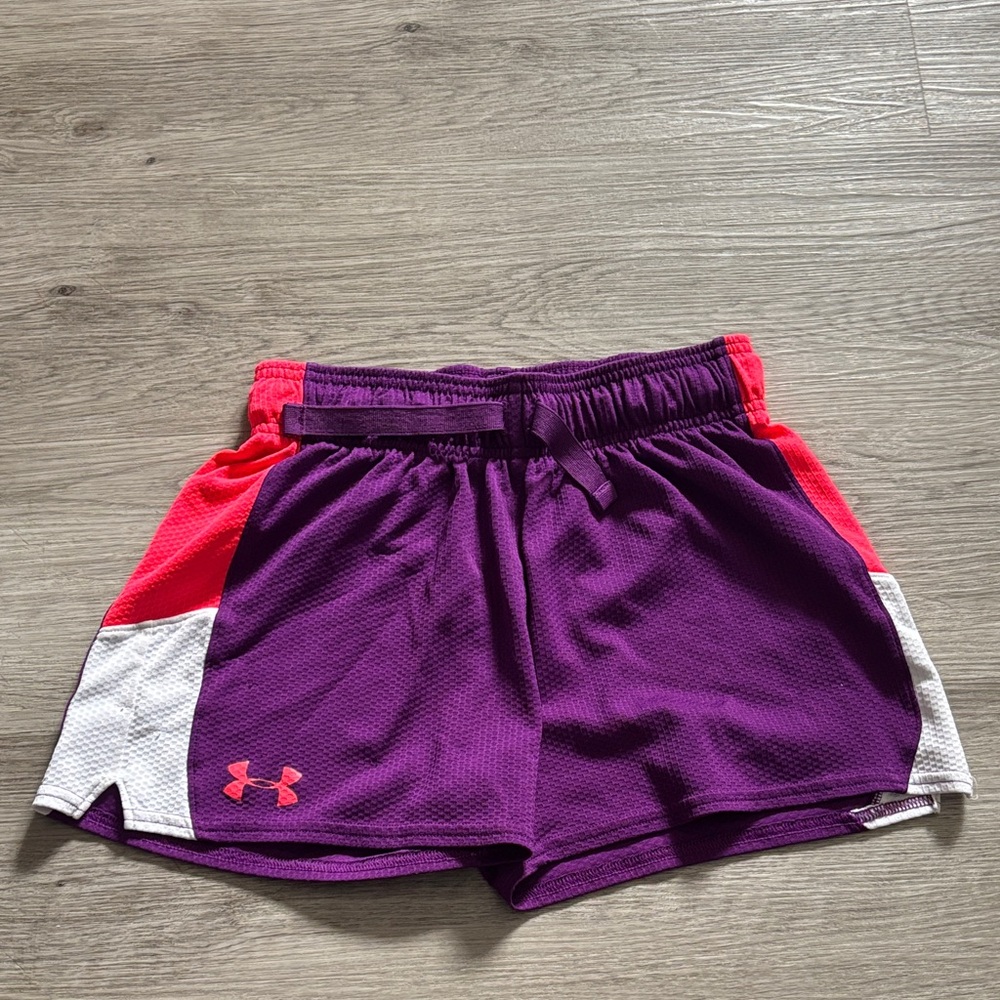 Under Armour Youth Purple Athletic Shorts with Pink and White Panels